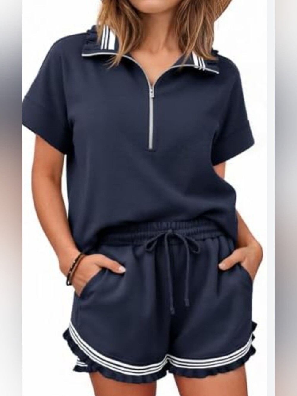 Imily Bela Navy Blue Ruffle Half Zip Top Shorts 2 Piece Set Size Small NWT